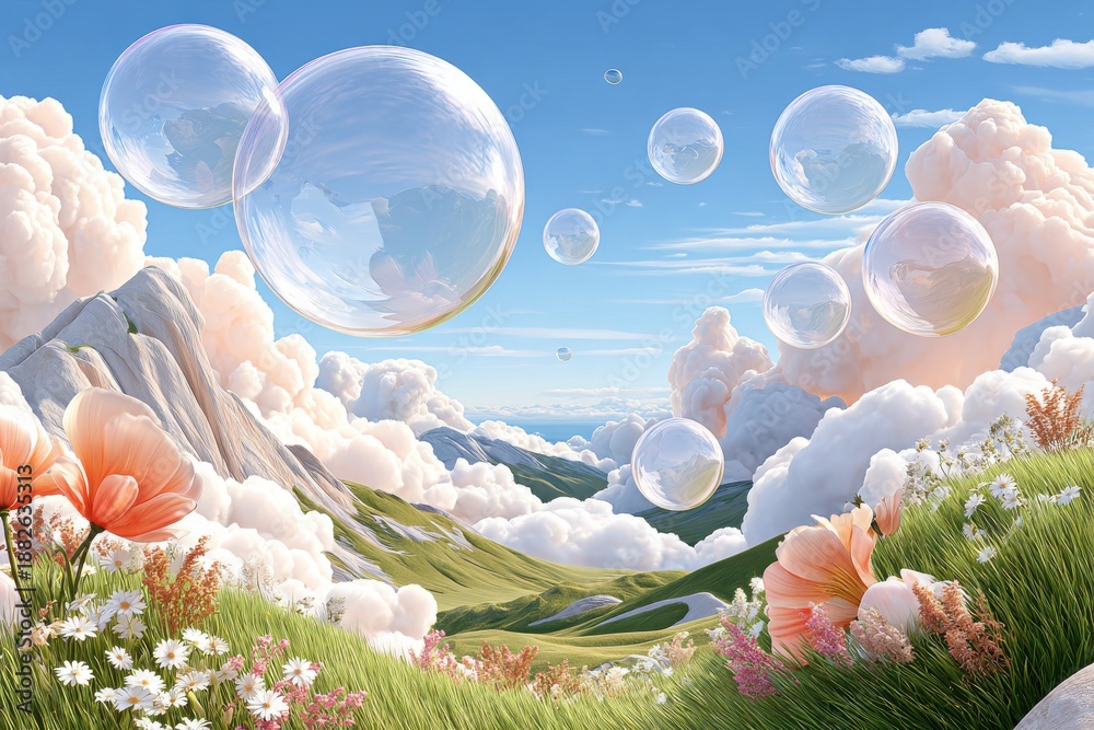 Naklejka premium Dreamy bubble landscape with floating spheres over meadow, mountains, and pastel clouds