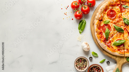 Delicious pepperoni pizza with fresh basil, tomatoes, and spices on a light background