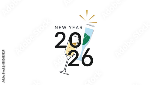 Happy New Year 2026 with Champagne Glasses and Confetti