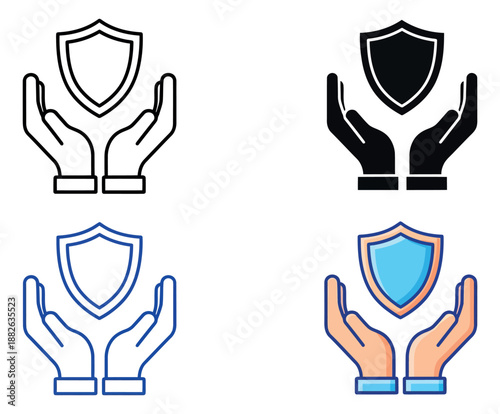 Multi-style icon set featuring hands holding a shield for security, protection, and insurance concepts