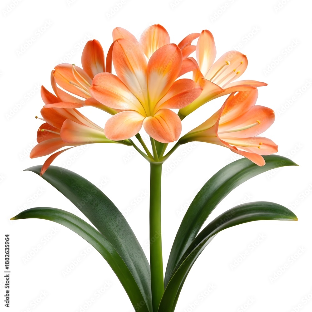 Obraz premium Vibrant Bush Lily (Clivia miniata) on White Solid Background Striking Orange Blossoms with Radiant Yellow Centers Represent Tropical Elegance Exotic Beauty and Alluring Indoor Garden Charm