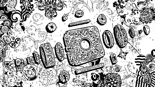 Surreal Black and White Illustration of Floating Ornate Rings and Abstract Floral Shapes in Dreamlike Composition