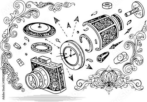 Creative Exploded View Illustration of an Ornate Vintage Camera with Detailed Floral Filigree Patterns