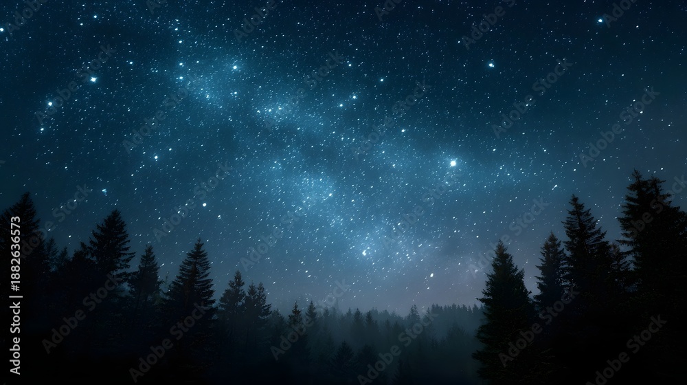 Fototapeta premium Expansive view of a brilliant starry night sky showcasing the Milky Way galaxy over a dark silhouetted forest evoking a sense of peace and wonder