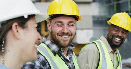 Meeting, industry and team of construction employees with laughing for project management. Happy, discussion and group of civil engineers planning for building, inspection or repairs on site.