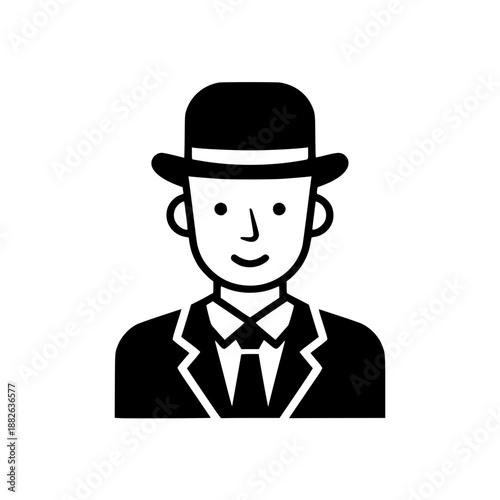 Minimalist line art illustration of a man wearing a formal suit, tie, and classic bowler hat.