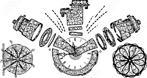 Technical Illustration of Exploded Mechanical Parts and Bearings with Ornate Decorative Patterns