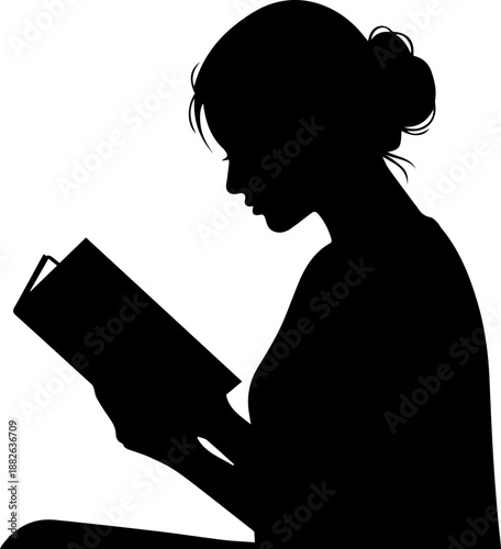 Minimalist Black Silhouette of a Woman with Hair in a Bun Reading a Book, Side View