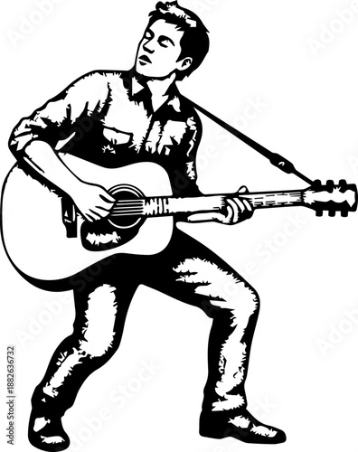 Vintage Pointillism Style Illustration of a Male Musician Playing Acoustic Guitar and Singing