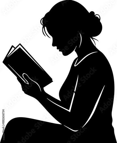 Silhouette of a Female Student Concentrating on Reading a Book, Elegant Side Profile Illustration