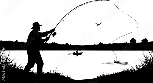 Serene Landscape Silhouette of a Fisherman Casting a Line in a Calm Lake with Mountains