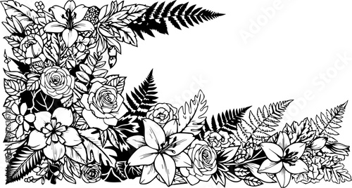 Detailed hand-drawn floral corner illustration featuring roses, lilies, and fern leaves in black and white line art