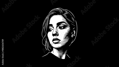 Dramatic High Contrast Portrait of a Woman in Engraving Style, Artistic Monochrome Illustration