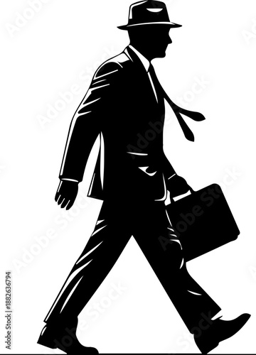 Classic Noir Style Silhouette of a Businessman in a Suit and Hat Walking with a Briefcase