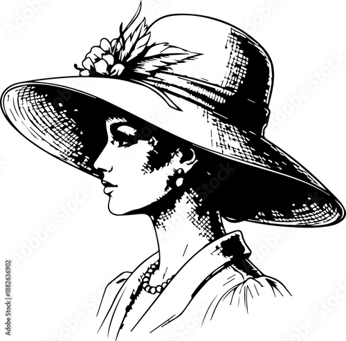 Vintage Style Etching of an Elegant Lady Wearing a Wide-Brimmed Floral Hat, Retro Fashion Portrait Illustration