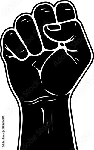 Solid Black Silhouette of a Raised Clenched Fist, Powerful Symbol of Resistance, Protest, and Social Justice