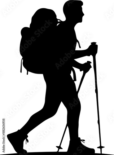 Black silhouette of a male hiker with a large backpack and trekking poles walking, outdoor adventure and mountain trekking concept.