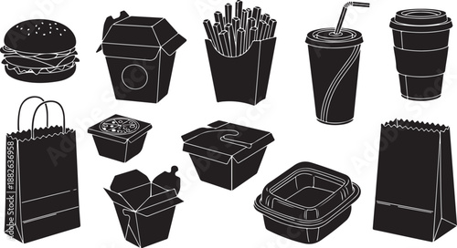 Fast Food Items and Takeout Containers Illustration Set