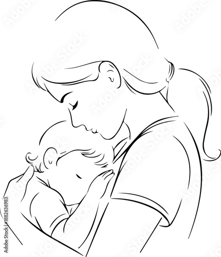 Simple minimalist line art of a mother hugging her sleeping child, concept of maternal love, protection, and peaceful family moments.