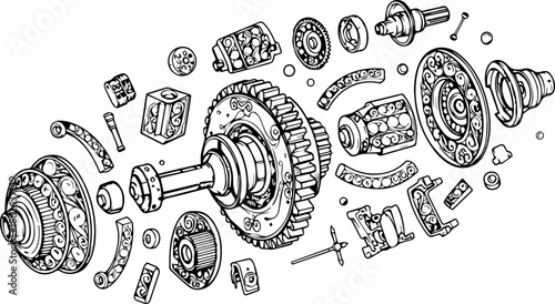 Detailed Exploded View Technical Drawing of Ornate Mechanical Gears and Watch Movement Components