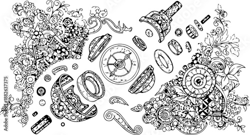 Vintage Ornate Collage with Compass, Clockwork Mechanisms and Decorative Floral Swirls Line Art