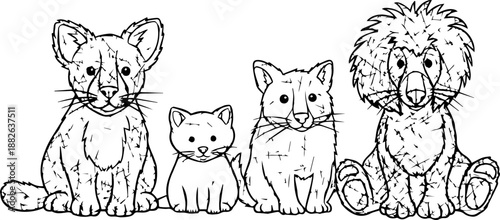 Cute Sketch Style Line Art of Baby Animals Including Cat Wolf and Lion Cubs