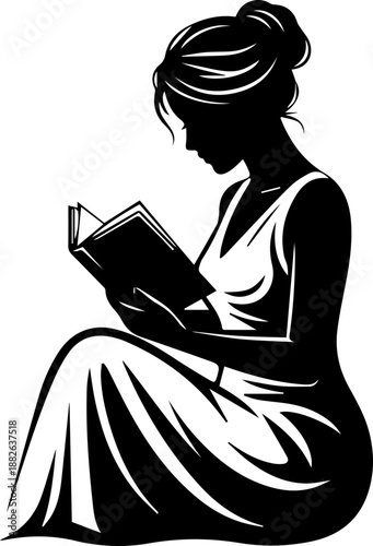 Artistic silhouette of a woman in a flowing dress sitting on the ground and reading a book elegant literary concept