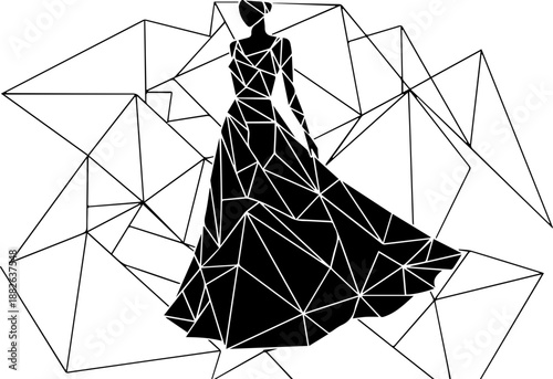 Abstract low poly purple silhouette of a woman in a long evening dress modern geometric digital art for fashion and style