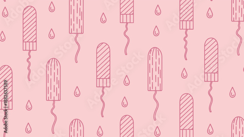 Pattern of pink tampons and drops on a light pink background. The design has a playful and feminine tone, using varied line patterns for texture.