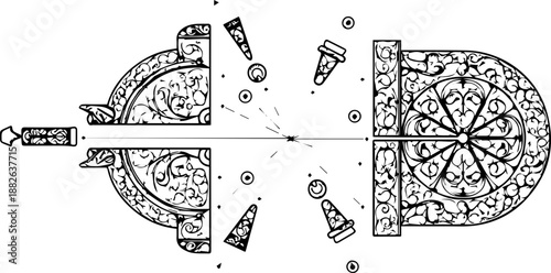 Ornate Steampunk Mechanical Parts Exploded View Illustration, Black and White Line Art Technical Diagram