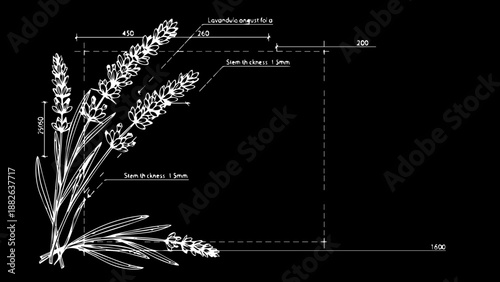 Botanical Technical Drawing of a Lavender Plant with Measurements on a Dark Background