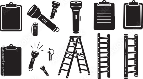 Collection of office and construction tools and equipment icons