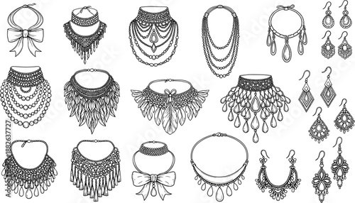 Vintage jewelry illustration collection with necklaces and earrings, ornate hand drawn accessories, elegant fashion adornments, detailed sketch style vector isolated