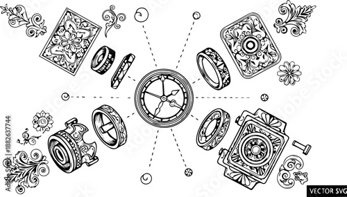 Detailed Exploded View of a Vintage Ornate Clock Mechanism, Steampunk Style Technical Illustration
