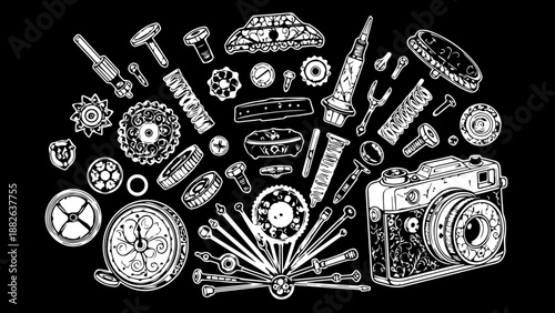 Collection of Vintage Camera Parts and Tools on Black Background, White Line Art Mechanical Illustration