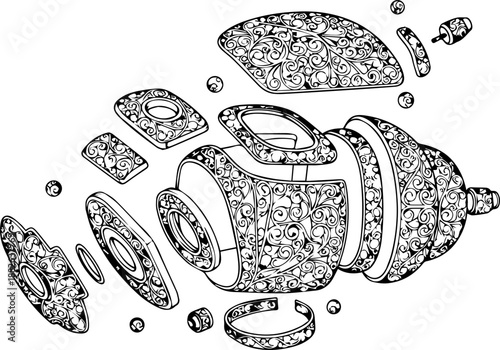Ornate Filigree Cylinder Exploded View, Technical Steampunk Mechanical Illustration, Black and White Drawing
