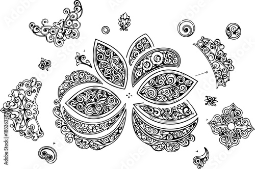 Symmetrical Ornate Lotus Flower Design with Exploded Filigree Elements, Mandala Style Illustration
