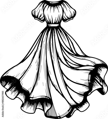 Detailed Line Art Illustration of an Elegant Flowing Evening Gown with Puff Sleeves, Fashion Design Sketch for Apparel and Style