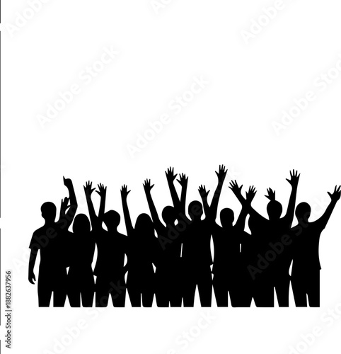 Diverse group of people celebrating together with raised hands