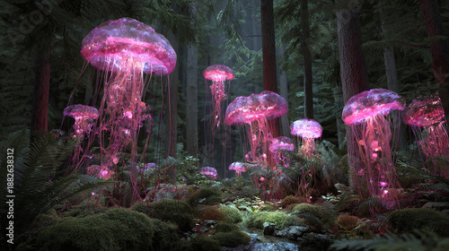 Mystical scene of glowing jellyfish-like creatures floating in a dark forest