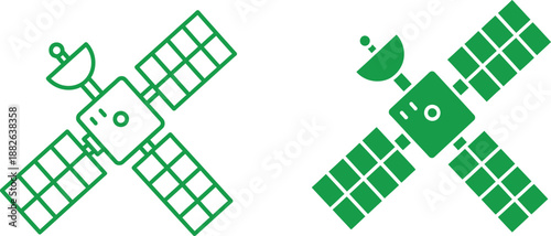 Two green satellites with solar panels and communication dishes in space 1