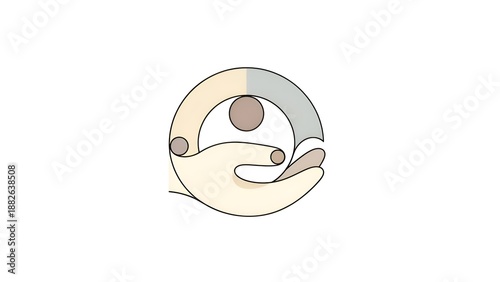 A minimalist logo design featuring a stylized hand cradling a circle with smaller circles inside