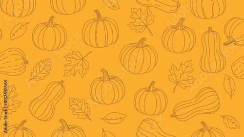 Seamless pattern of outlined pumpkins, gourds, and leaves on an orange background. Autumnal theme conveys a warm and festive tone.