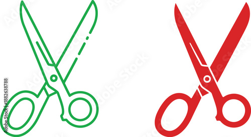 Two pairs of scissors in green and red color with open blades and handles 1
