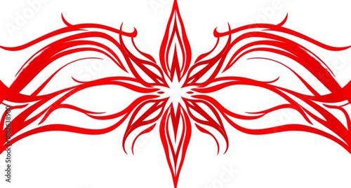 Abstract red and white floral vector design featuring a tribal phoenix silhouette with fire style swirls and ornamental nature elements on a decorative pattern background