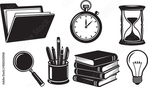 Black and white illustration of office and study supplies