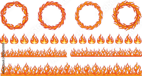 Fire flame effects vector set with burning rings, borders, seamless flames, and orange cartoon heat elements