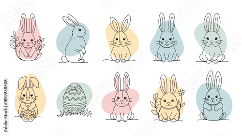 Collection of Cartoon Easter Bunnies and Eggs.