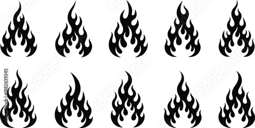 Fire flame silhouette vector set with multiple burning shapes, black heat symbols, and bold minimalist flat graphic elements
