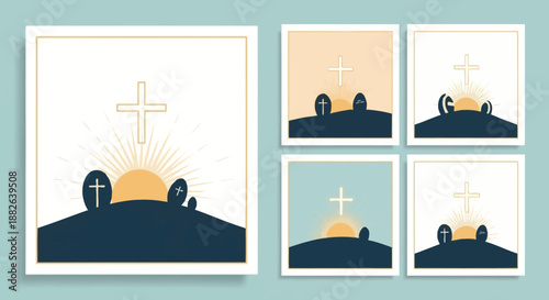 Cross on Hill Illustration Set with Tombstones.